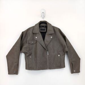 Bernardo Women L Bleecker Biker Jacket Taupe Brown Faux Leather Moto Crackled